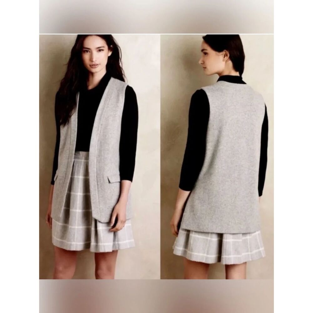 Elevenses Anthropologie Gray Wool Blend Long Vest Open Front Lined Capsule M